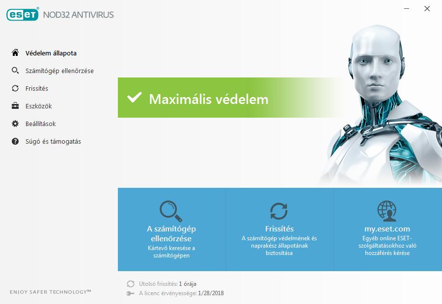 3. Útmutató kezdő felhasználók számára Ez a témakör az ESET NOD32 Antivirus és alapbeállításainak az áttekintését tartalmazza. 3.