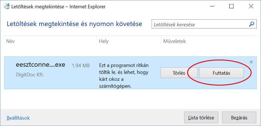 A letöltést követően a keretprogram a Letöltések
