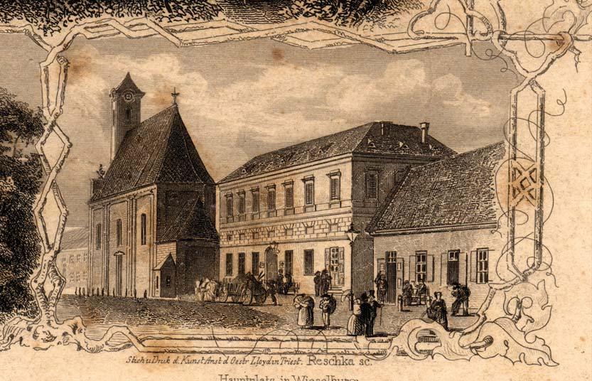 A mosoni templom és községháza egy 1850-es metszeten gárság kíséretében meg kellett jelennie az adminisztrátor irodájában.