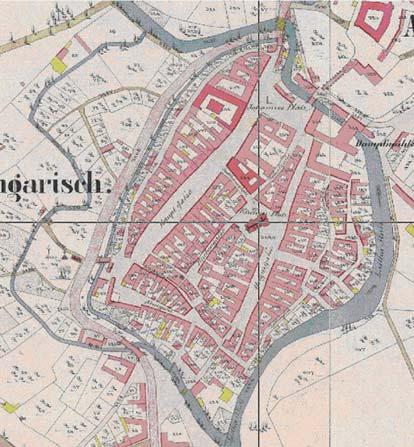 Magyaróvár az elsõ kataszteri térképen (1856) Ezen kivûl rajta épûlt az Uraságnak 14 kerekû malma, és a Városnak, két malmait nagy haszonnal forgattya, s 1/2 órányi folyása után a Mosonyi Dunába