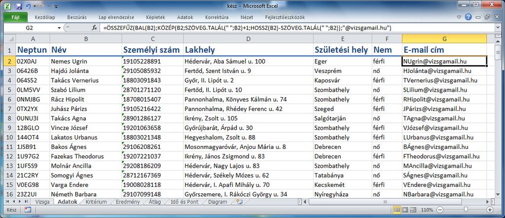 SZE INFORMATIKAI KÉPZÉS 8 Megjegyezzük, hogy célszerű lehet segédoszlopot felvenni a szóköz pozíciója számára, hogy a végső képlet ne legyen annyira bonyolult.