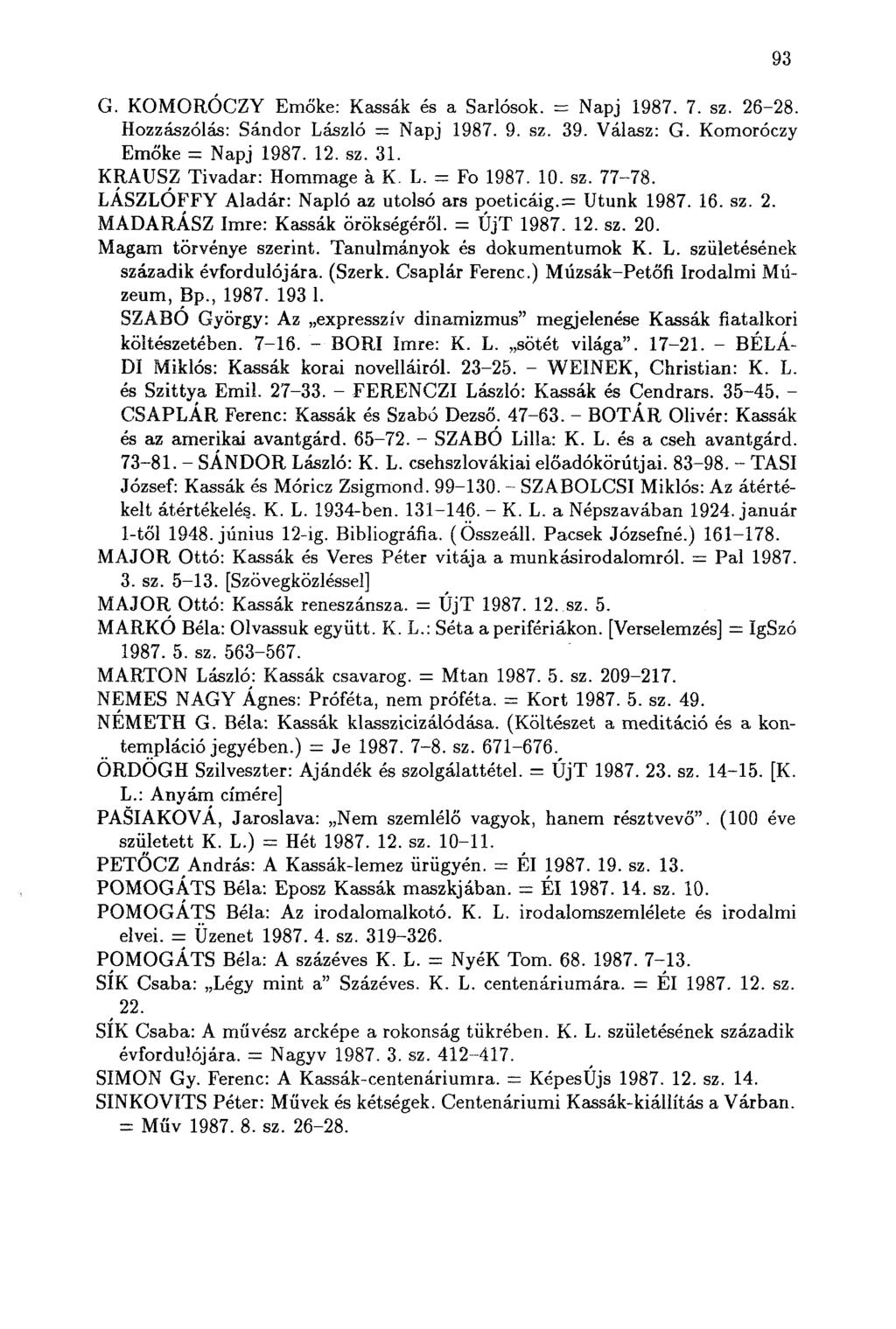 G. KOMORÓCZY Emőke: Kassák és a Sarlósok. = Napj 1987. 7. sz. 26-28. Hozzászólás: Sándor László = Napj 1987. 9. sz. 39. Válasz: G. Komoróczy Emőke = Napj 1987. 12. sz. 31. KRAUSZ Tivadar: Hommage á K.