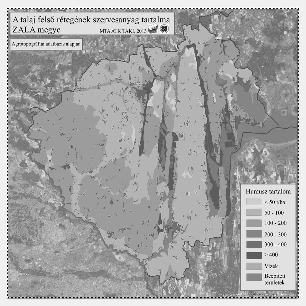 4. ábra A feltalaj szervesanyag-készletére vonatkozó talajtérkép Zala megyére az AGROTOPO adatbázis alapján A nagyméretarányú genetikus és földértékelési térképezés kartogramjai alapján.