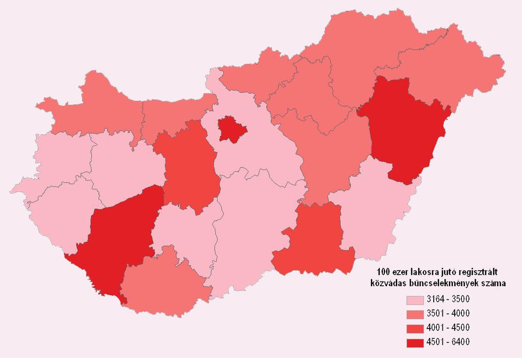 jutó regisztrált közvádas bűncselekmények száma a kerületek között tág határok között szóródik; a legmagasabb értéket képviselő V. kerületben 3,7-szerese, további három belső (XIII., VIII. és VI.