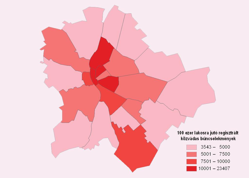 ábra A százezer lakosra jutó regisztrált közvádas bűncselekmények száma kerületenként, 2005 2010 2005 és 2010 között az országban több mint 2,5 millió regisztrált közvádas bűncselekmény történt,