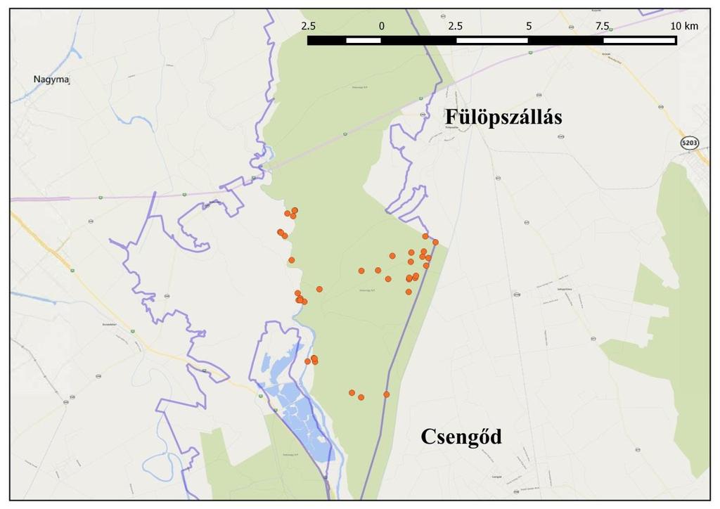 3. térkép. A Kiskunság SPA területén található szőrcsapdák elhelyezkedése (2013-2015). A rendszeres mátrai és kiskunsági monitoring teszteken kívül az ország számos helyszínéről (pl.