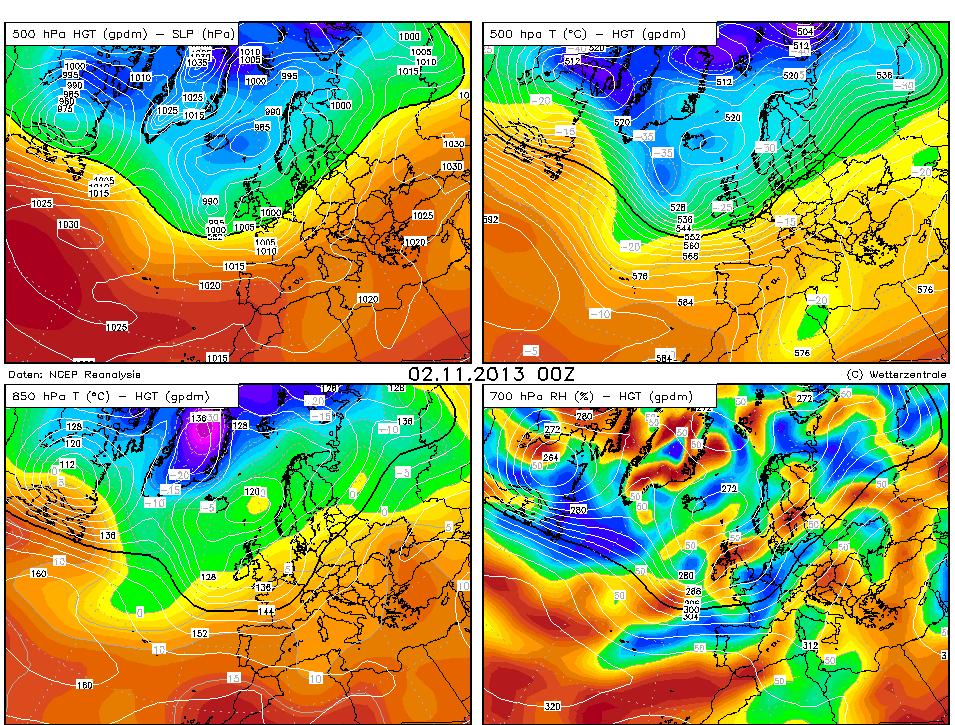 20. ábra: 2013. 11. 02. 00 UTC-re vonatkozó NCEP reanalízis (Forrás: http://www.wetterzentrale.de/topkarten/fsrea2eur.html). A 21.