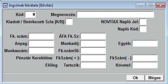 8.1.3. Jogcímek felvétele A használható jogcímek megadására van lehetőség. A jogcím a hozzá tartozó kóddal, megnevezéssel, főkönyvi számmal együtt kerül tárolásra.