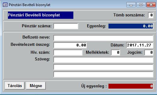 A pénztári bizonylat sorszáma bizonylattömbönként folyamatos, a számítógép automatikusan, kezelői beavatkozás nélkül adja. A sorszámozás bizonylat tömbönként 1-el kezdődik.