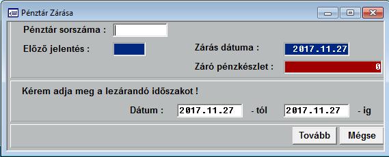 időszakát. A zárás NEM hajtódik végre mindaddig, míg van ki nem nyomtatott bizonylat. A program ellenőrzi a zárás jogosságát, kijelzi a záró pénzkészletet és a pénztár zárási dátumát.