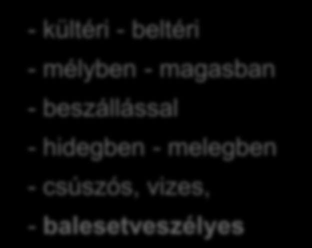 kültéri - beltéri - mélyben - magasban - beszállással