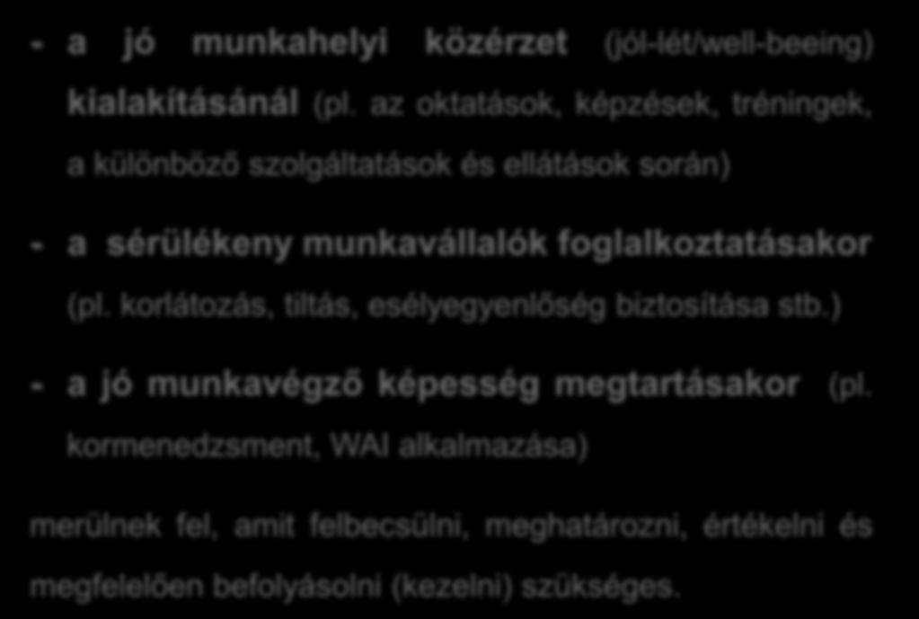 - a jó munkahelyi közérzet (jól-lét/well-beeing) kialakításánál (pl.