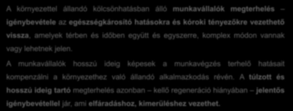 A z egészségvédelmi megközelítés alapja A környezettel állandó kölcsönhatásban álló munkavállalók megterhelés igénybevétele az egészségkárosító hatásokra és kóroki tényezőkre vezethető vissza,