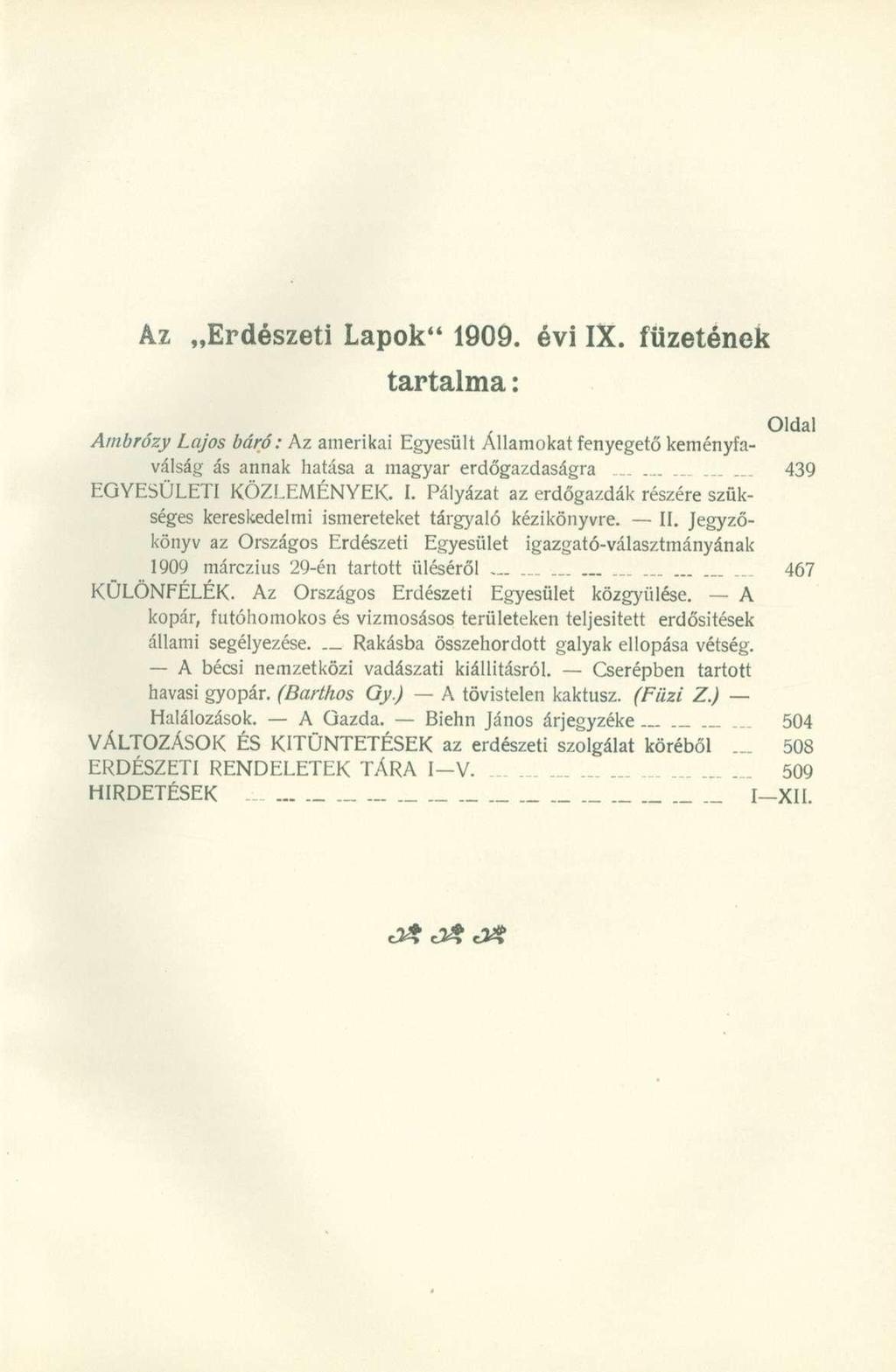 Az Erdészeti Lapok" 1909. évi IX.