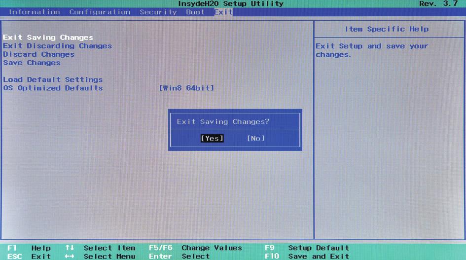 1. fejezet: Számítógépe megismerése 4 Nyissa meg az Exit (Kilépés) menüt, és válassza az Exit Saving Changes (Kilépés a módosítások mentésével) lehetőséget.