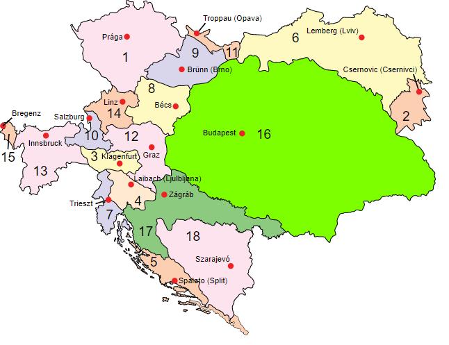 1 Bohémia 6 Galícia 11 Szilézia 16 Magyar Királyság 2 Bukovina 7 Osztrák tengermellék 12 Stájerország 17 Horvát-Szlavónország 3