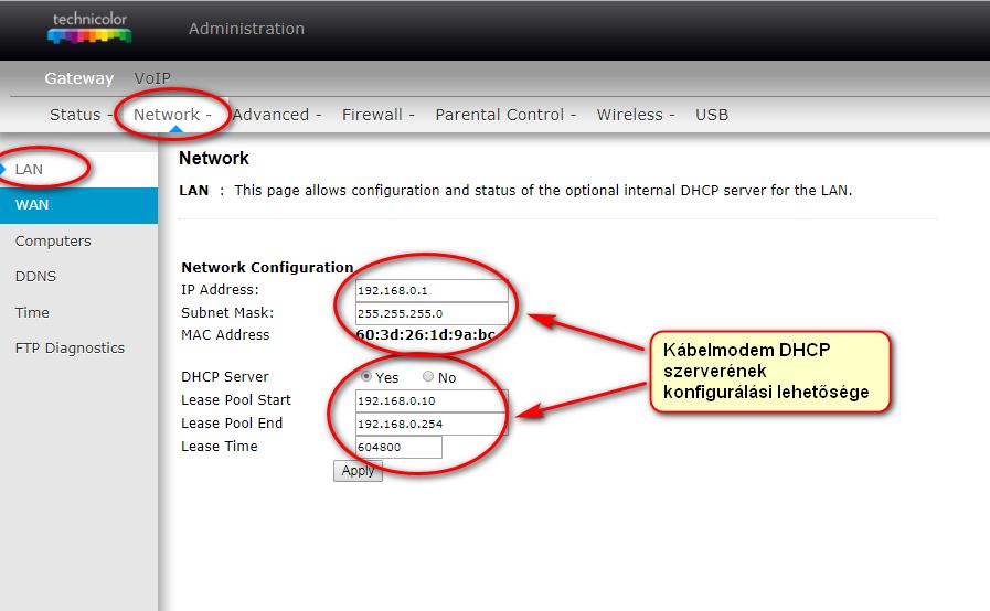 LAN oldali DHCP szerver által kiosztott IPV4 címtartomány módosításának lehetősége: FONTOS!