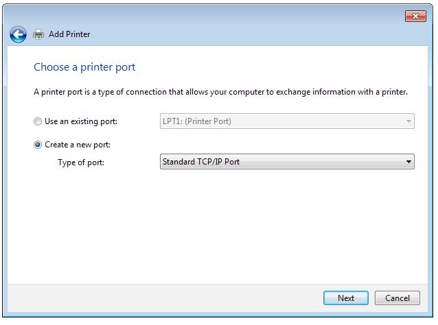 3. Válassza ki a Create a new port (Új port létrehozása) elemet, majd állítsa be a Type of