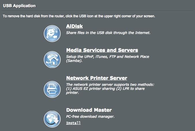 3.6 Az USB-alkalmazás használata Az USB-bővítés funkció AiDisk, Servers Center, Network Printer Server és Download Master almenüket biztosít. FONTOS!