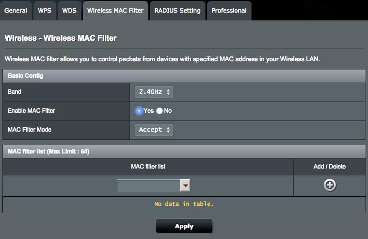 4.1.4 Vezeték nélküli MAC-szűrő A vezeték nélküli MAC-szűrő ellenőrzést biztosít a vezeték nélküli hálózaton egy megadott MAC- (Media Access Control) [Közeghozzáférési vezérlés] címre átvitt csomagok