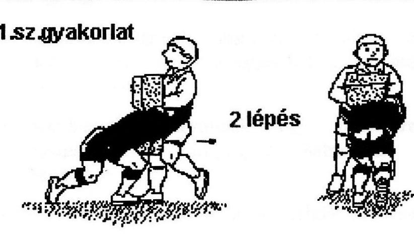 2. Párokban egy szivaccsal. A gyakorló játékos ez esetben labdát is tart. Két lépés lendületet vesz, mielőtt ütközne, leteszi a labdát, majd technikailag tökéletes kontaktus kezdeményez.