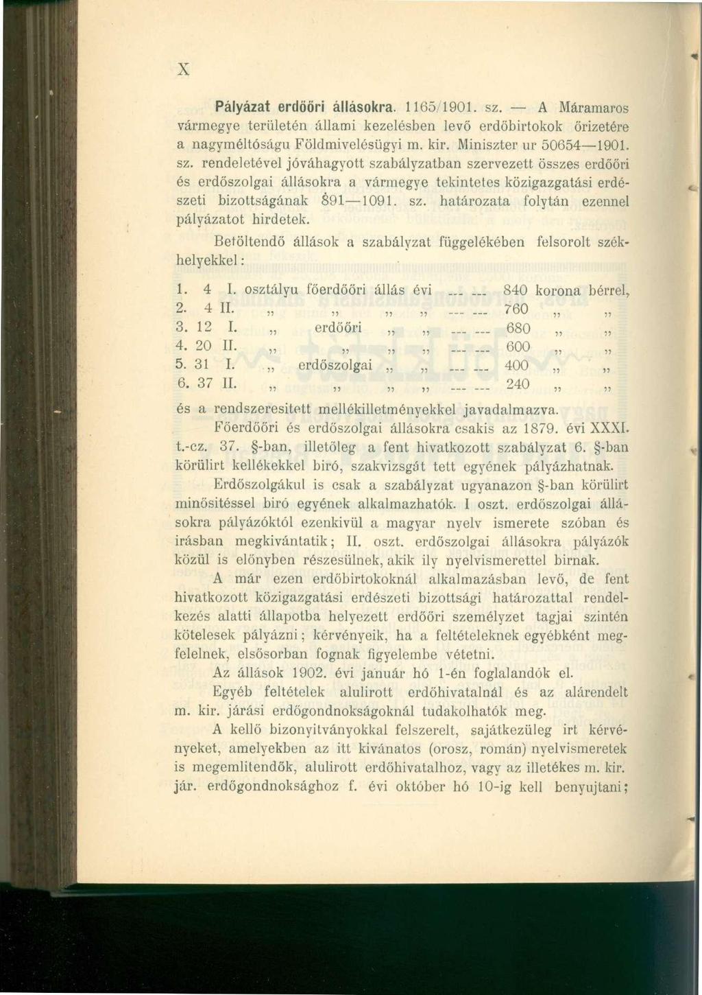 X Pályázat erdőőri állásokra. 1165/1901. sz.