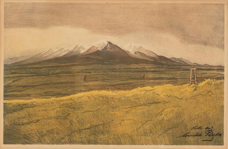 1864-1930) Tavaszi táj hegyekkel Színezett litográfia, kartonra