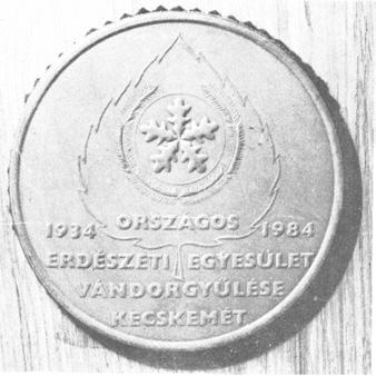 Kecskeméti vándorgyűlés 88 4-111 E: Középen lomblevél kontúrjában, felső részén nyitott fenyőkoszorúban, vonalkörben erdészcsillag.