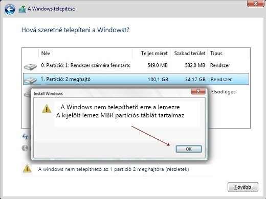 7.) A következő ablak, a Hová szeretné telepíteni a Windowst? ablaka. Az alsó képen egy, a tovább lépéshez szükséges példa látható, ahol egy 320Gb. merevlemezen kerül bemutatásra.