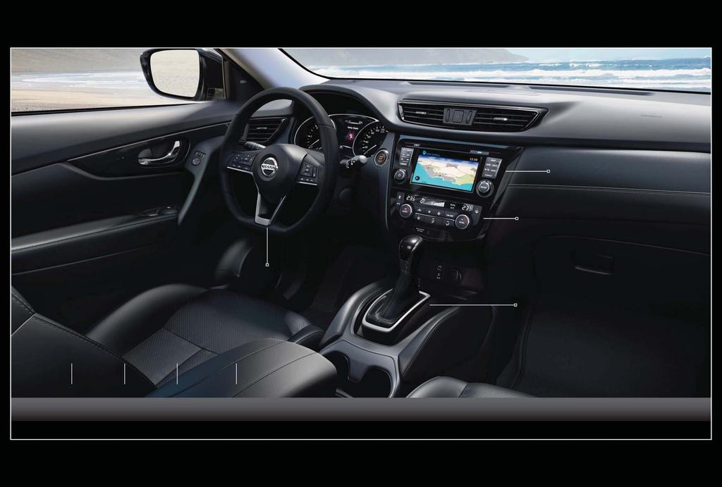 NissanConnect továbbfejlesztett kezelőfelülettel Fényes fekete betétek, fémes kontúrokkal Prémium bőrbevonatú kormánykerék Új váltógomb, duplán varrott váltószoknyával A KATEGÓRIÁN TÚLMUTATÓ PRÉMIUM