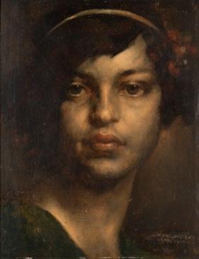 101. Karlovszky Bertalan (1858-1938) Hajpántos hölgy / Lady with banded hair olaj, fa / oil on