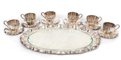 147. Ezüst kávéskészlet / Silver coffee-set magyar, 1937-1966 közötti fémjelzéssel, 800 ezrelékes ezüst, OB mesterjeggyel, tálca üvegbetéttel, 6 db csésze aljjal hungarian,