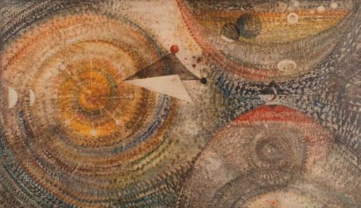 172. Gyarmathy Tihamér (1915-2005) Kozmosz / Cosmos 1966 olaj, farost / oil on wood fiber 64 x 110 cm Gyarmathy Hátoldalon / on the backside: Gyarmathy Tihamér 966 Kozmosz Kikiáltási ár: 1 600 000 Ft