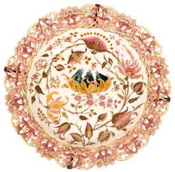 with flower and bird shaped decoration, mark: TJM family-mark, Zsolnay Pécs, Made in Hungary, Nr: 1254 d: 45 cm Kikiáltási ár: 180 000 Ft Starting price: 560