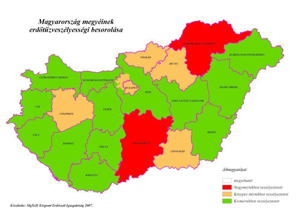 35. ábra: Magyarország megyéinek erdőtűzveszélyességi besorolása, 2008. Forrás: Országos Erdőtűzvédelmi Terv, 2008.