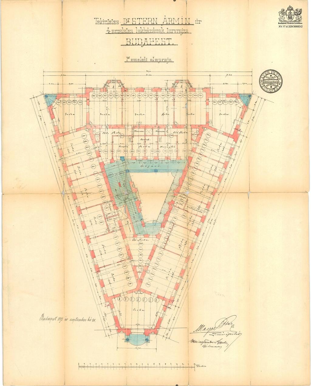 z első emeleti alaprajz építési engedélyezési terve - Mayer Péter műépítész, 1893 (forrás: