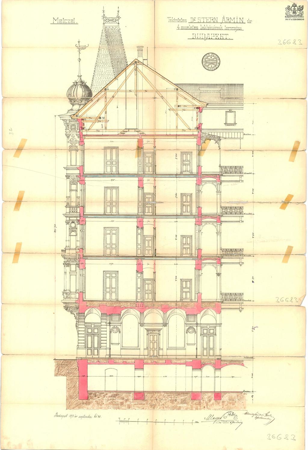 körútra merőleges metszet építési engedélyezési terve - Mayer Péter műépítész, 1893
