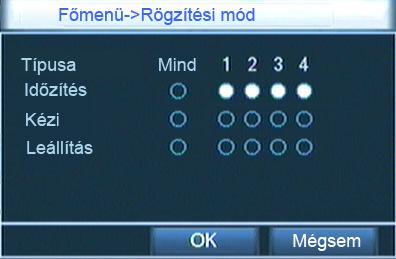 5. Rögzítési mód Időzítés: Rögzítés a beállításoknak megfelelően. Kézi: A kiválasztott csatornán történik a rögzítés, függetlenül a csatorna állapotától.