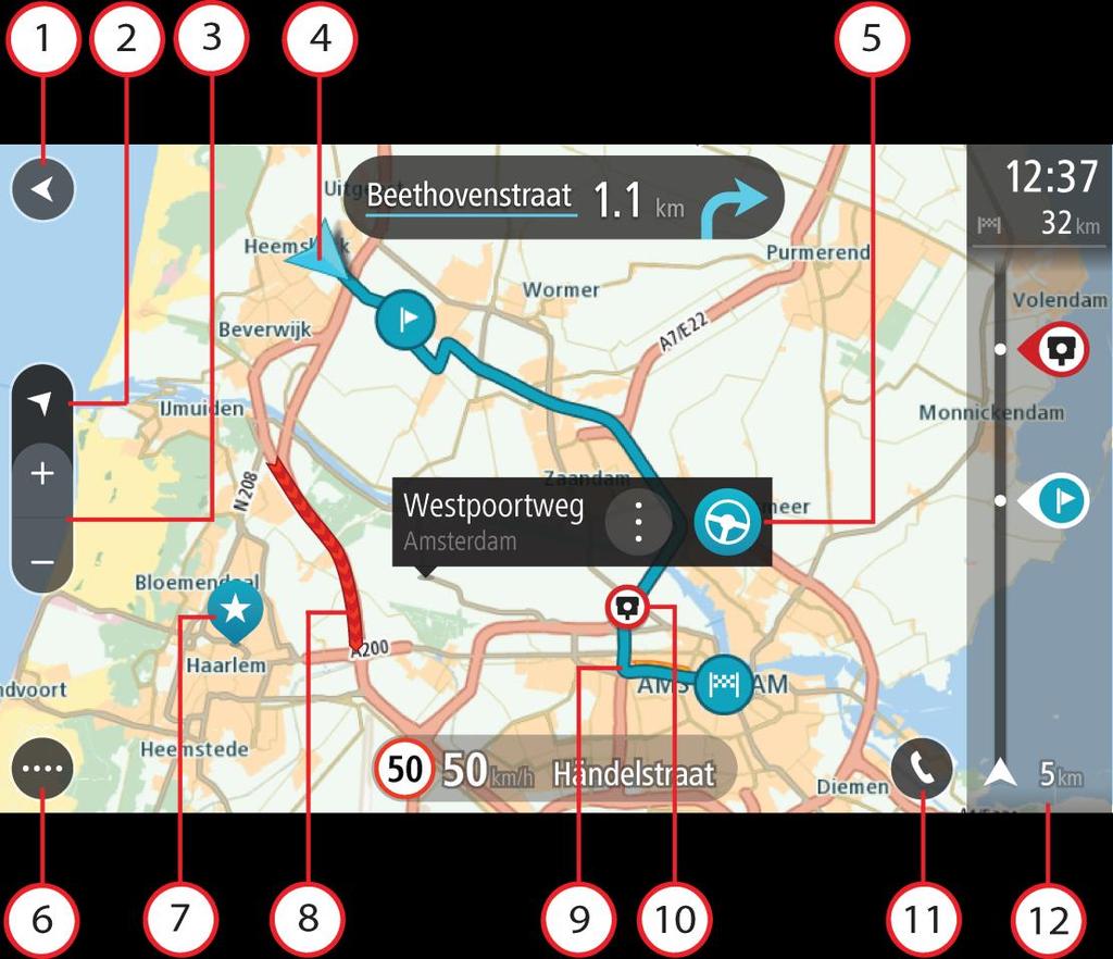 A képernyőn látható elemek A térkép nézet A térkép nézet olyankor látszik, ha nincs tervezett útvonala. Amint a GO PROFESSIONAL megtalálja a GPS helyet, megjelenik az Ön aktuális pozíciója.