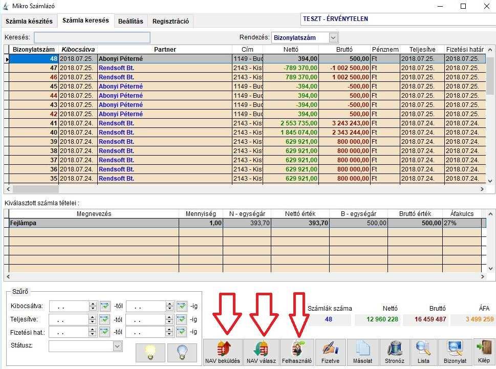 A NAV online számla feltöltéshez kapcsolódó funkció gombok leírása MIKRO SZÁMLÁZÓ NAV beküldés: A program automatikusan küldözgeti a felküldendő számlákat a NAV szervere felé.