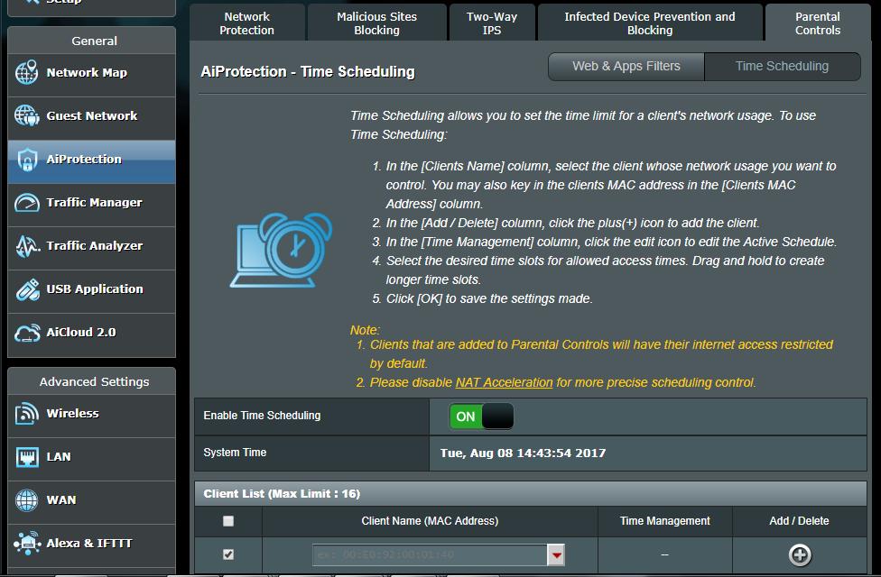 Időütemezés A Time Scheduling (Időütemezés) segítségével időkorlátot lehet beállítani időkorlátot adott kliens hálózat-használatára. MEGJEGYZÉS: Győződjön meg arról,.