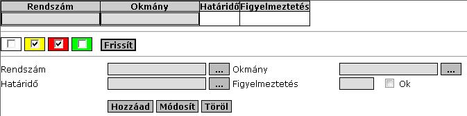 Új bejegyzés felvétele: a nyomógombok segítségével tallózzuk be a listában szereplő járművet, az okmány típusát, a határidőt, majd állítsunk be figyelmeztetést.