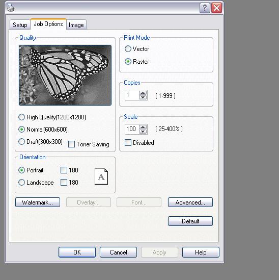 Job options (Feladatbeállítások) lap My Printer Printing Preferences 4 5 1 6 2 3 7 1. A nyomtatott oldal felbontását az alábbiak szerint lehet beállítani.