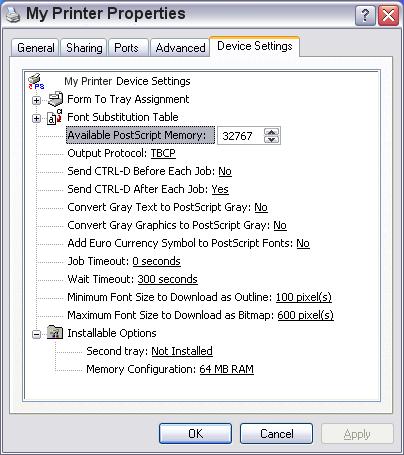 Device Settings (Eszközbeállítások) lap 1 2 3 1. Megadhatja a rendelkezésre álló papíradagoló tálcákban található papírméreteket. 2. Az alkalmazástól függően többféle betűtípus-beállítást végezhet. 3. Megadhatja, hogy a nyomtató az opcionális bővítések közül melyekkel rendelkezik.