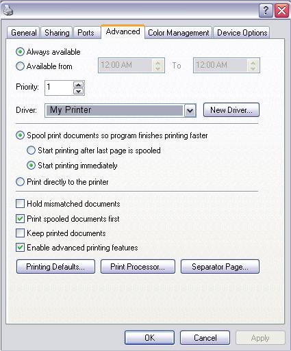 Speciális lap My Printer Properties 1 2 3 4 5 6 7 8 9 10 1. Meghatározhatja, hogy a nap mely időszakában legyen elérhető a nyomtató. 2. Az aktuális prioritást jeleníti meg, 1-től (legalacsonyabb) 99-ig (legmagasabb).