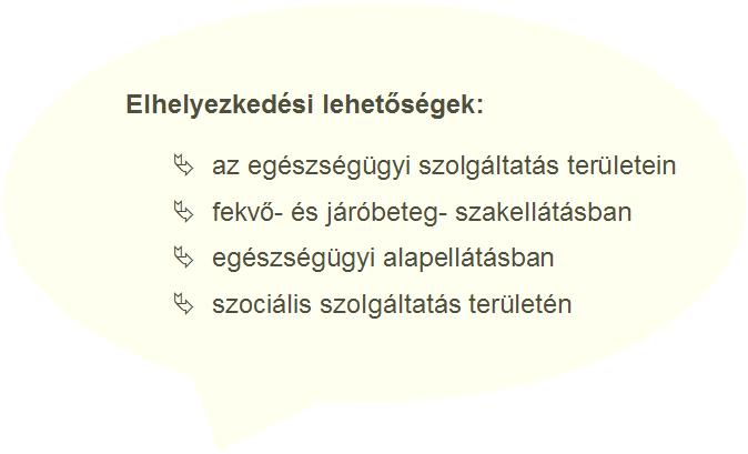 Elhelyezkedési lehetőségek: az egészségügyi szolgáltatás területein fekvő- és járóbeteg- szakellátásban egészségügyi alapellátásban szociális szolgáltatás területén Jelentkezési lap beszerezhető az