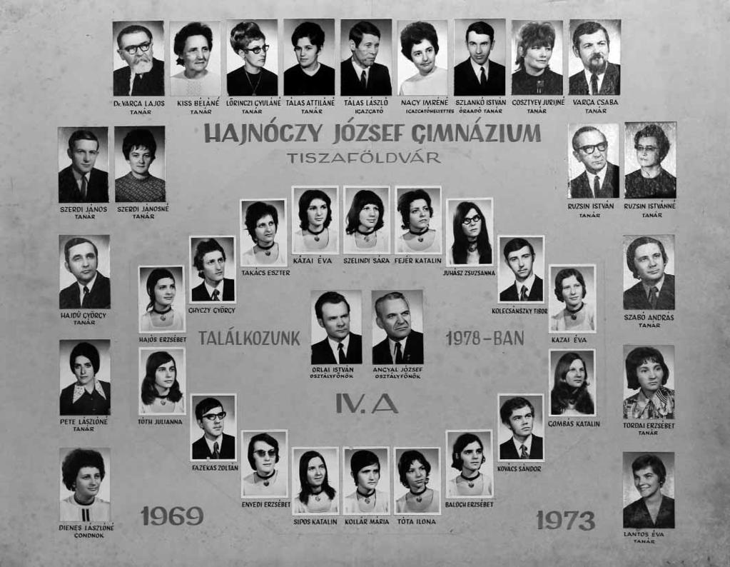 47 1972/73. tanév, IV. A Diákok soronként: 1. sor: Hajós Erzsébet, Ghyczy György, Takács Eszter, Kátai Éva, Szelindi Sára, Fejér Katalin, Juhász Zsuzsanna, Kolecsánszky Tibor, Kazai Éva; 2.