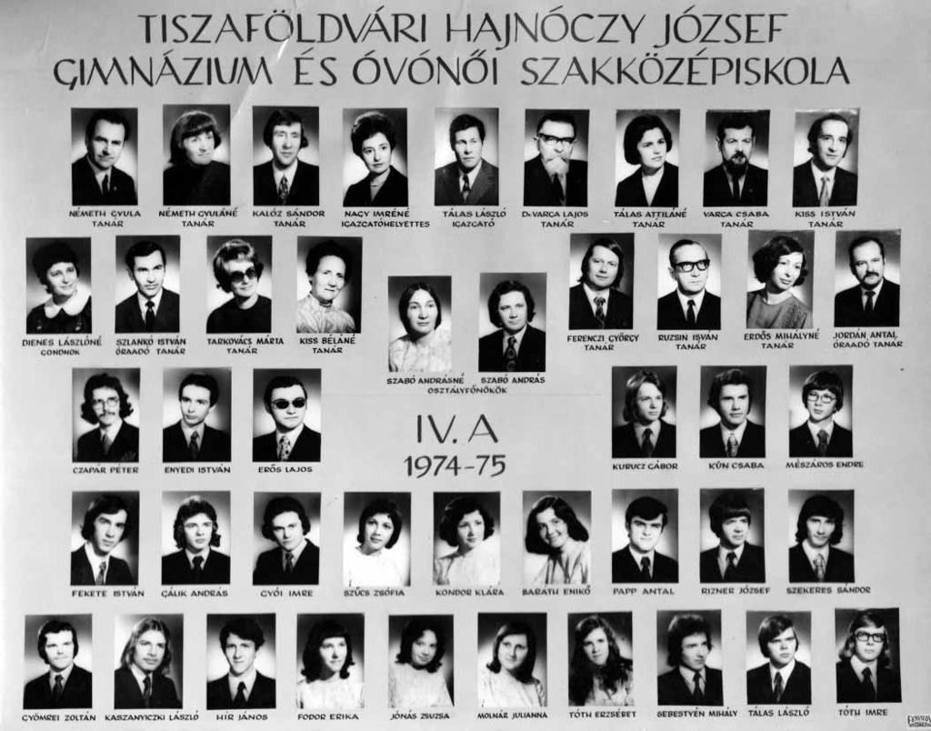 1971-1975 Tablók könyve 1974/75. tanév, IV. A Diákok soronként: 1. sor: Czapár Péter, Enyedi István, Erős Lajos, Kurucz Gábor, Kún Csaba, Mészáros Endre; 2.