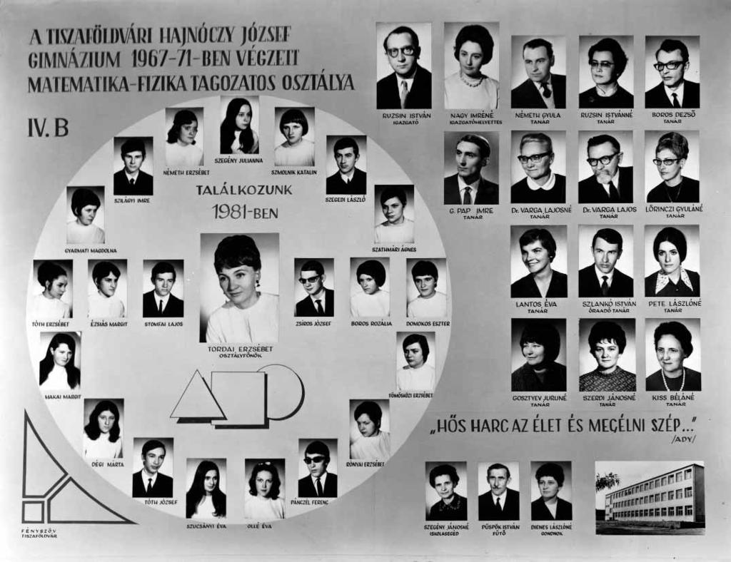 1967-1971 Tablók könyve 1970/71. tanév, IV. B Diákok soronként: 1. sor: Gyarmati Magdolna, Szilágyi Imre, Németh Erzsébet, Szegény Julianna, Szmolnik Katalin, Szegedi László, Szathmári Ágnes; 2.