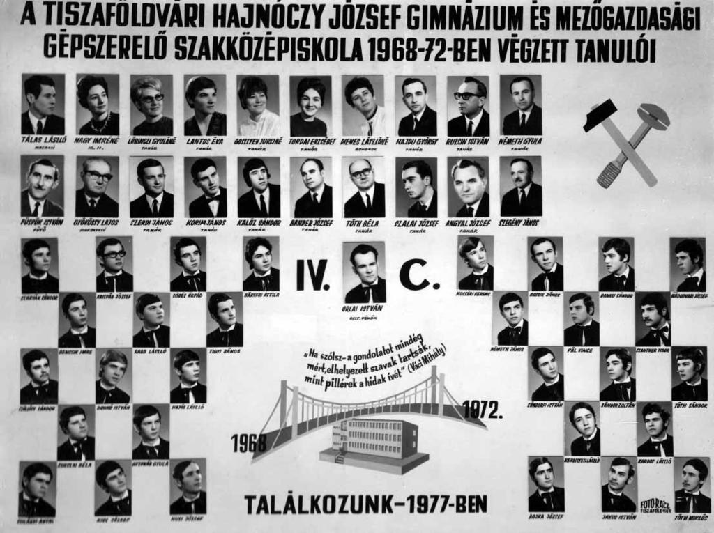 1968-1972 Tablók könyve 1971/72. tanév, IV. C Diákok soronként: 1. sor: Szarvák Sándor, Krispán József, Sőrés Árpád, Bártfai Attila, Kocséri Ferenc, Roszik János, Danku Sándor, Nádudvari József; 2.